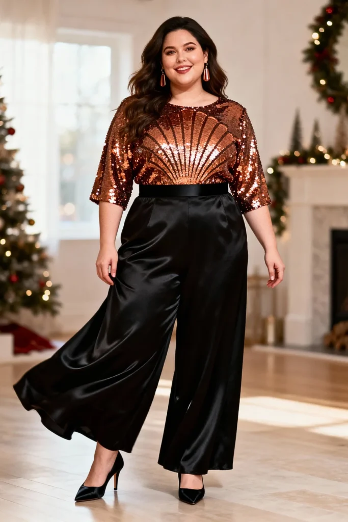 Plus Size Copper Sequin Top and Black Satin Palazzo Pants Outfit
