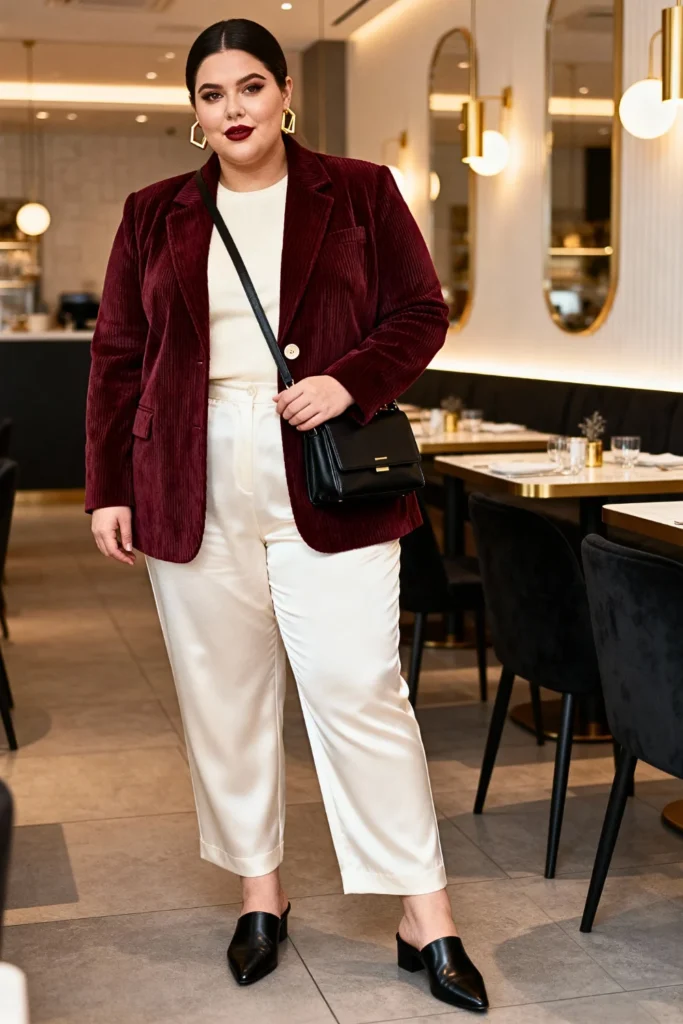 Plus Size Corduroy Blazer with Silk Trousers Outfit