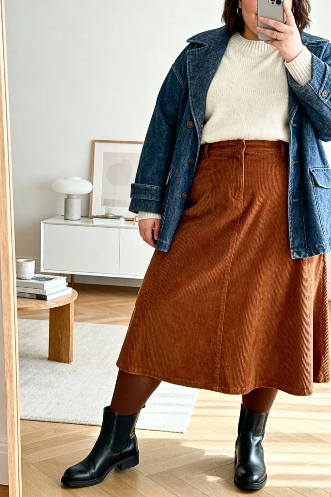 Plus Size Corduroy Midi Skirt Outfit