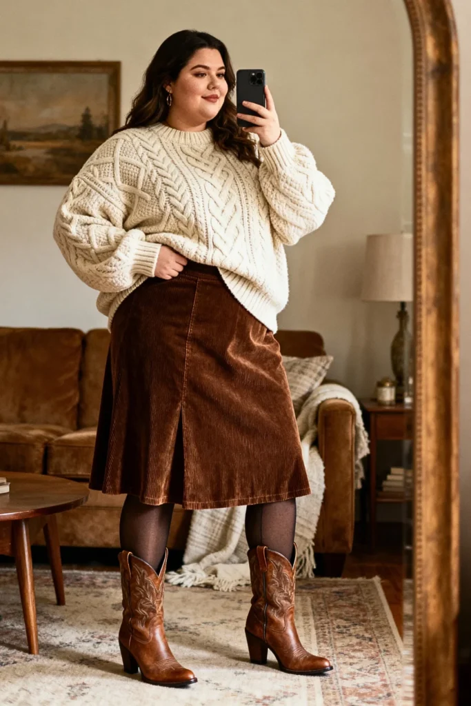 Plus Size Corduroy Midi Skirt With Sweater Outfit