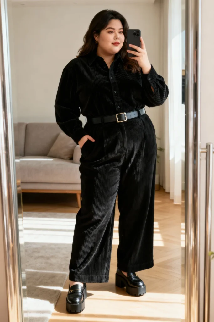 Plus Size Corduroy Shirt and Wide Leg Trousers Outfit