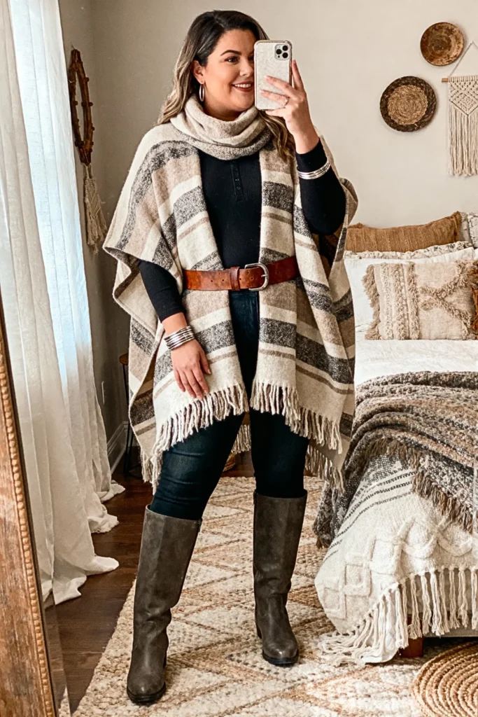 Plus Size Cowl Neck Poncho with Skinny Jeans Outfit