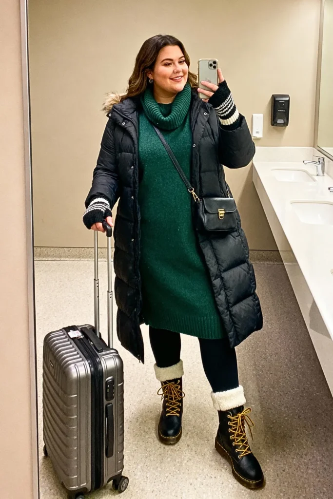 Plus Size Cowl Neck Sweater Dress with Leggings Outfit