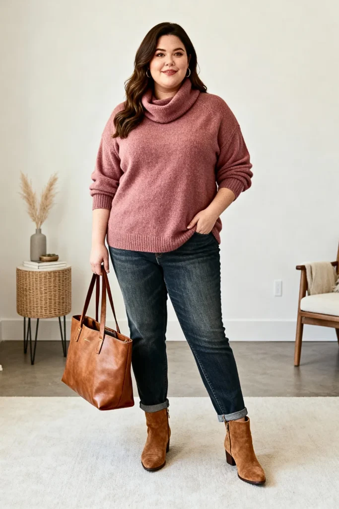 Plus Size Cowl Neck Sweater and Straight Jeans Outfit