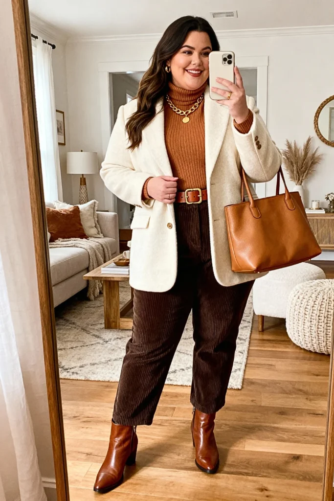 Plus Size Cream Blazer with Brown Accessories Outfit
