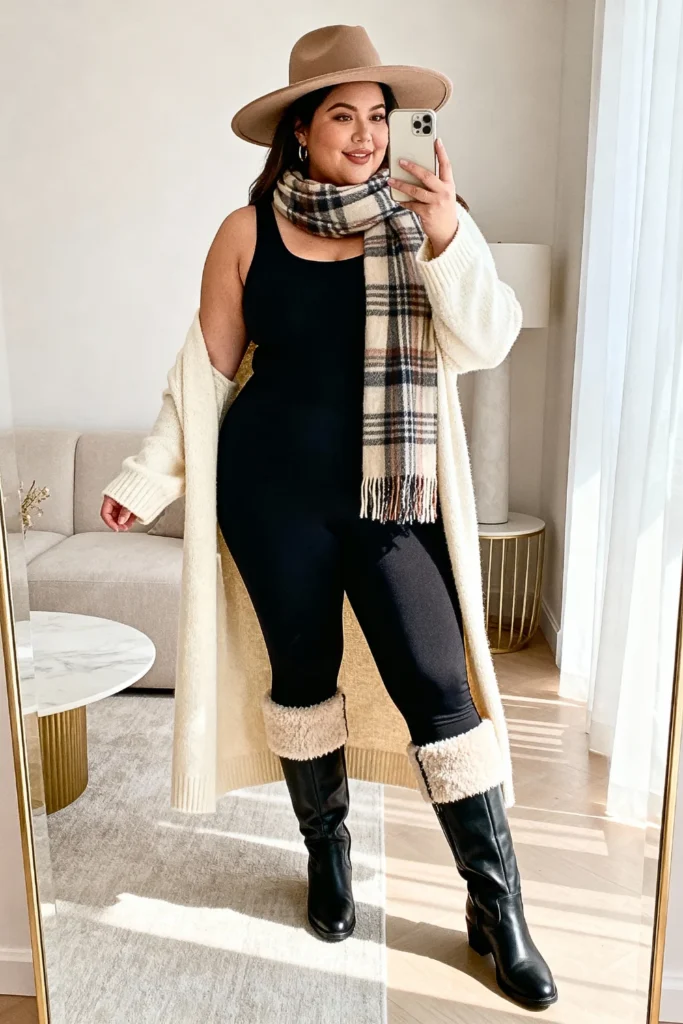 Plus Size Cream Cardigan and Leggings Outfit