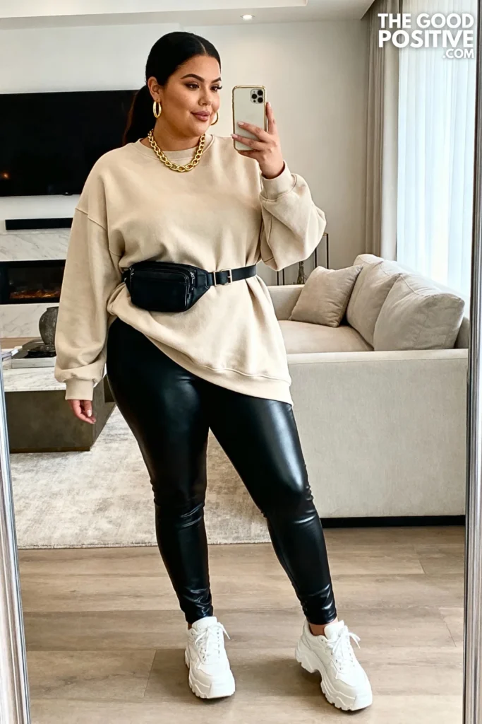 Plus Size Crewneck Sweatshirt and Leather Leggings Outfit