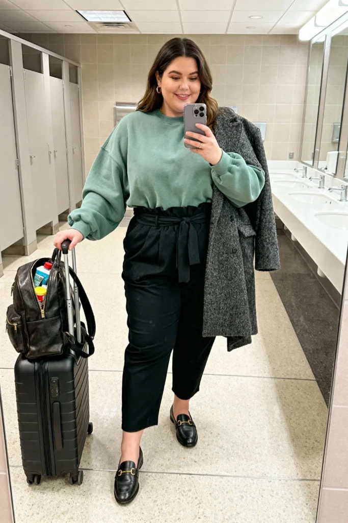 Plus Size Crewneck Sweatshirt with Paper Bag Waist Pants Outfit