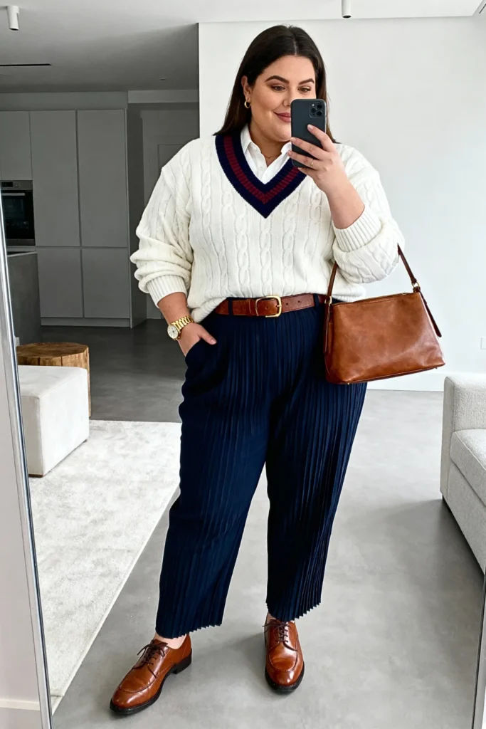 Plus Size Cricket Sweater and Pleated Trousers Outfit