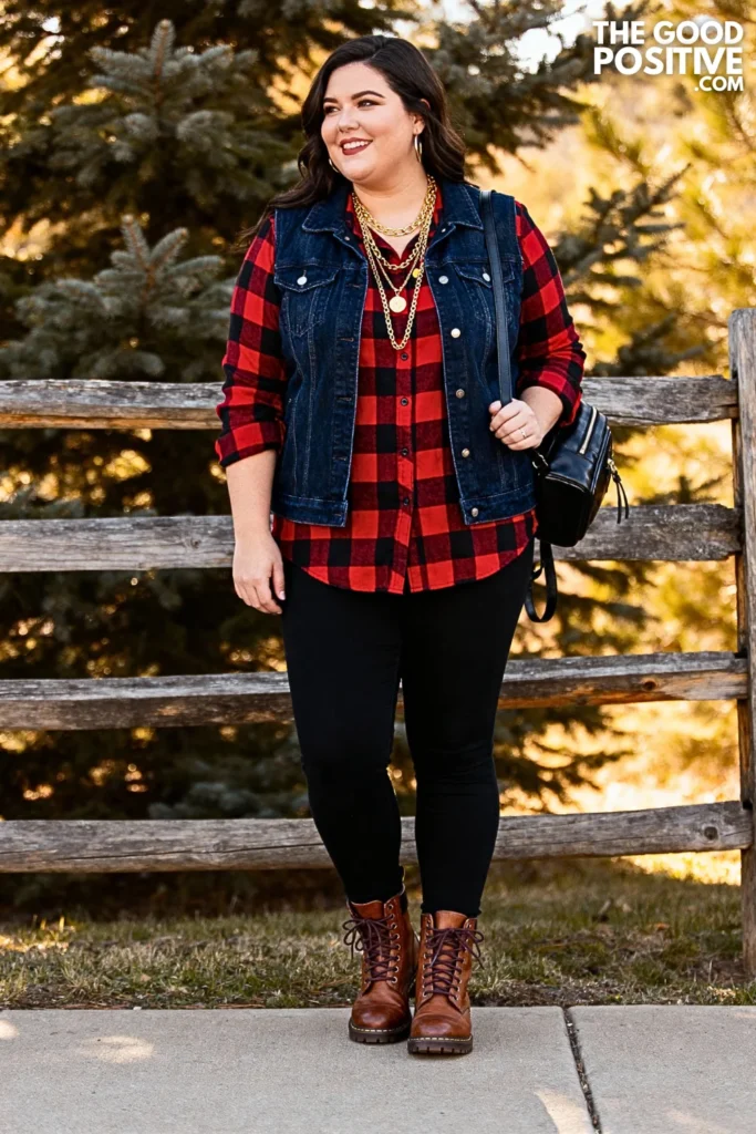 Plus Size Dark Denim Vest Layered Over Plaid Blouse Outfit