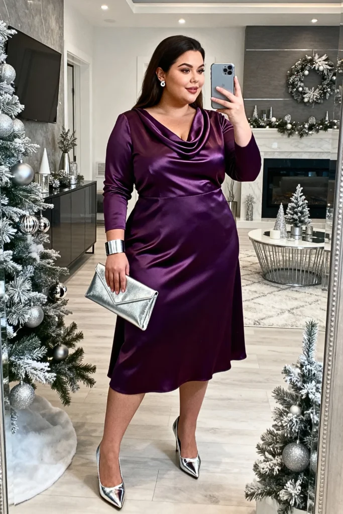 Plus Size Deep Purple Satin Midi Dress with Cowl Neck Outfit