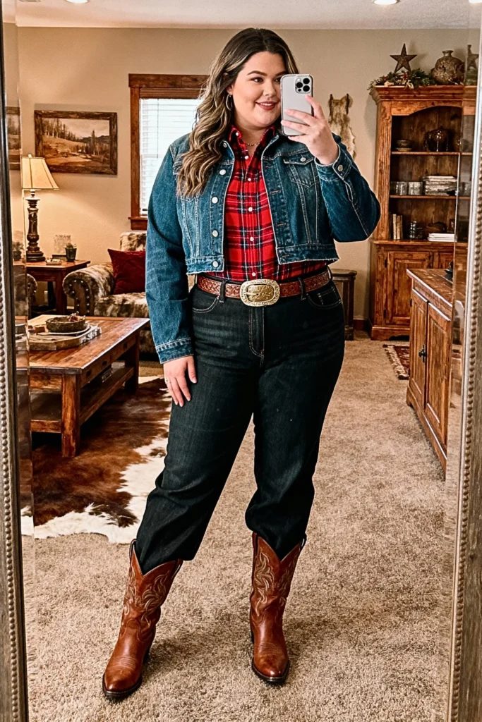 Plus Size Denim Jacket Layered Over Plaid Flannel Outfit