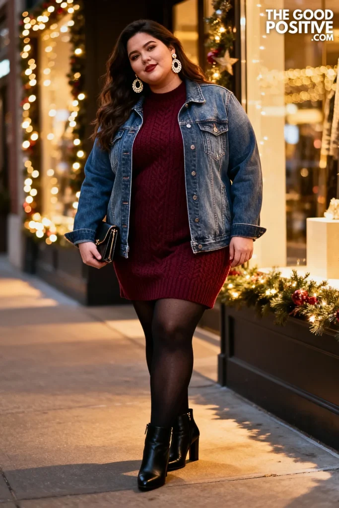 Plus Size Denim Jacket and Knit Dress Outfit