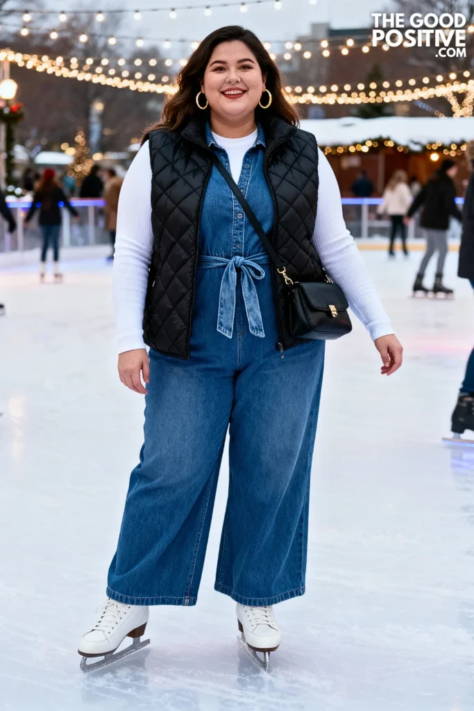 Plus Size Denim Jumpsuit With Puffer Vest Outfit