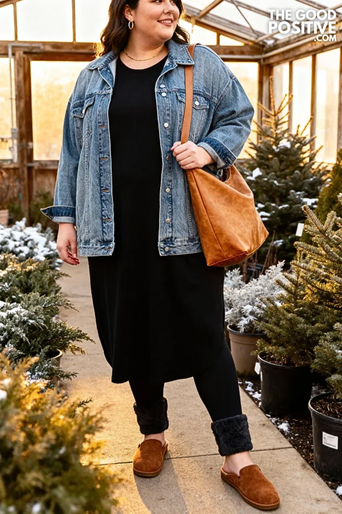 Plus Size Denim Shacket With Leggings Outfit