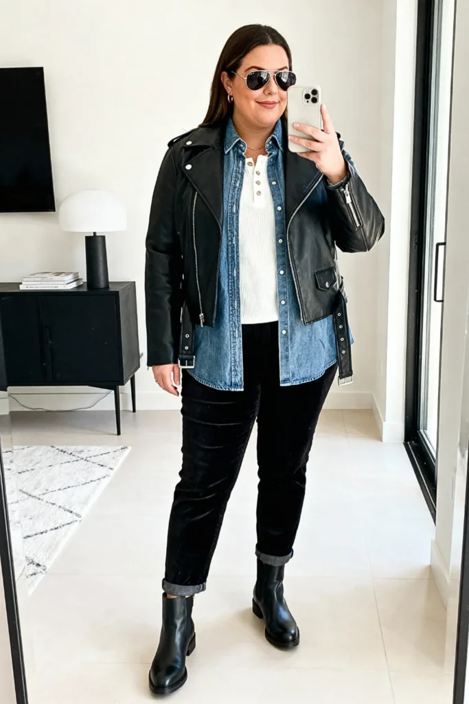 Plus Size Denim Shirt and Coated Jeans Outfit