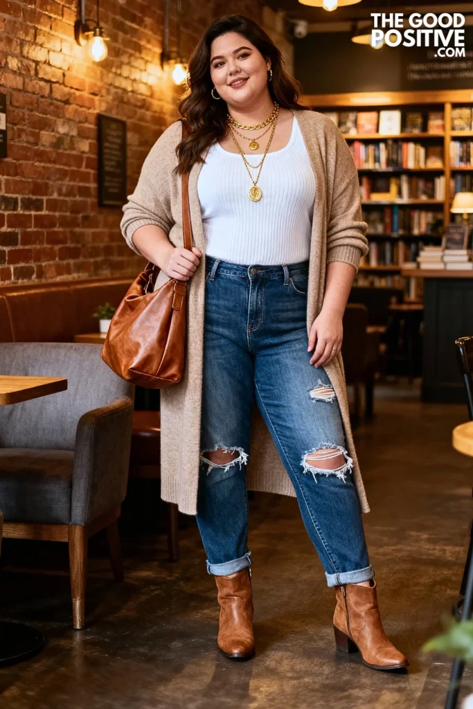 Plus Size Distressed Denim With Long Cardigan Outfit