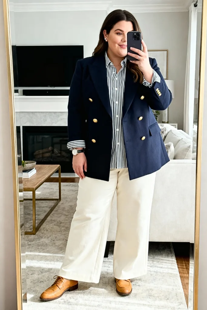 Plus Size Double-Breasted Blazer with Wide-Leg Pants Outfit