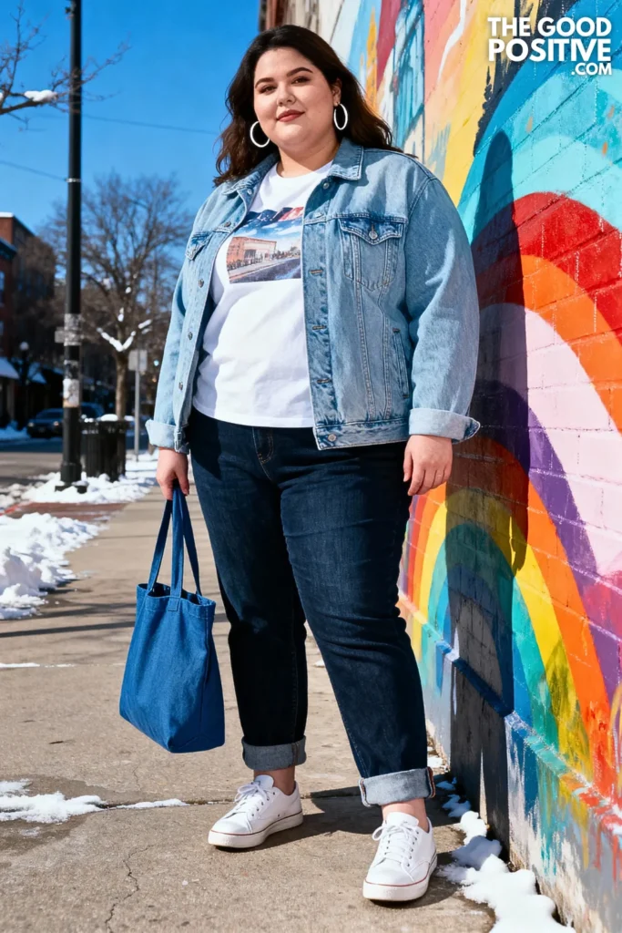 Plus Size Double Denim With Different Washes Outfit