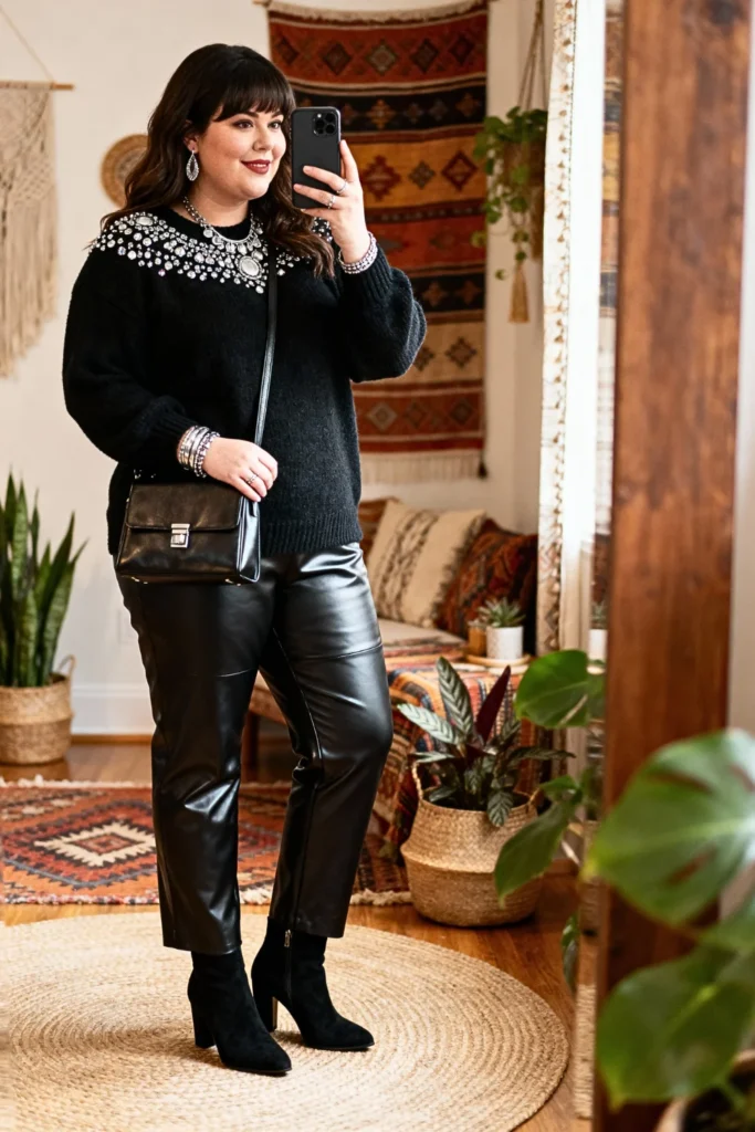 Plus Size Embellished Sweater with Faux Leather Pants Outfit