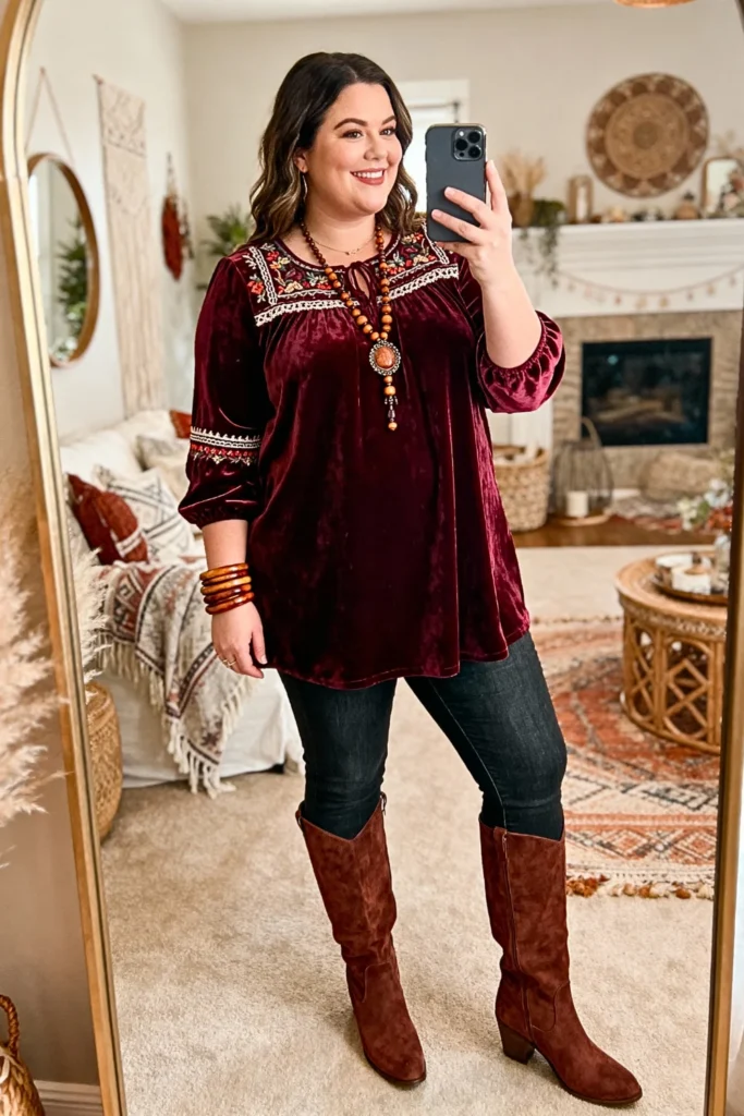 Plus Size Embroidered Velvet Tunic with Skinny Jeans Outfit