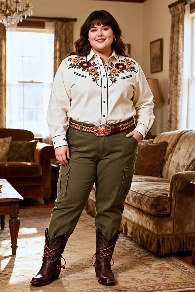 Plus Size Embroidered Western Shirt With Cargo Pants Outfit