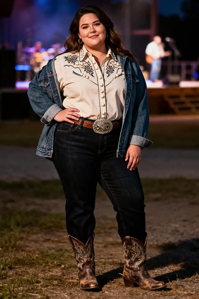 Plus Size Embroidered Western Shirt and Bootcut Jeans Outfit