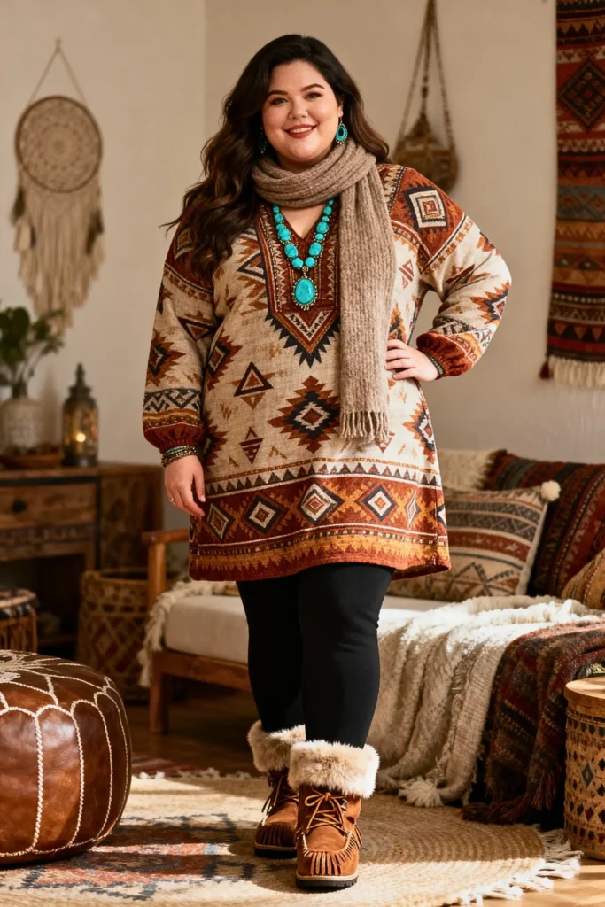 Plus Size Ethnic Print Tunic with Leggings and Moccasins Outfit