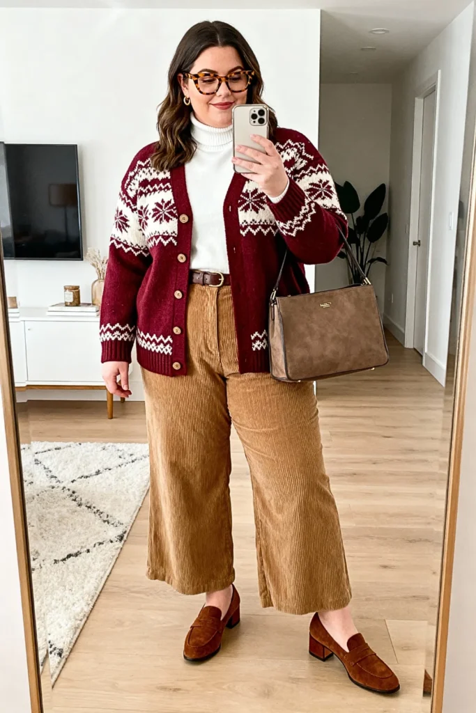 Plus Size Fair Isle Cardigan and Corduroy Pants Outfit