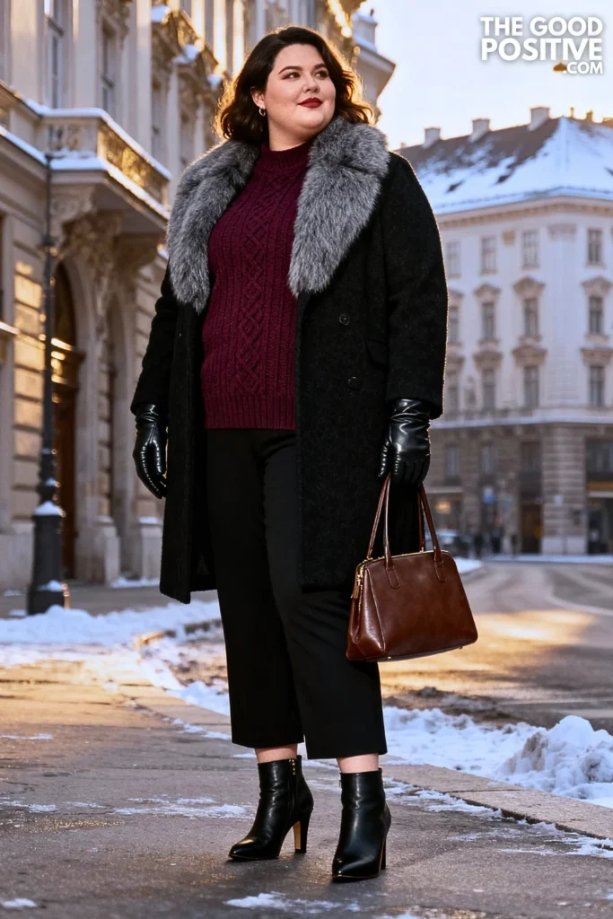 Plus Size Faux Fur Collar Coat with Sweater and Ankle Pants Outfit