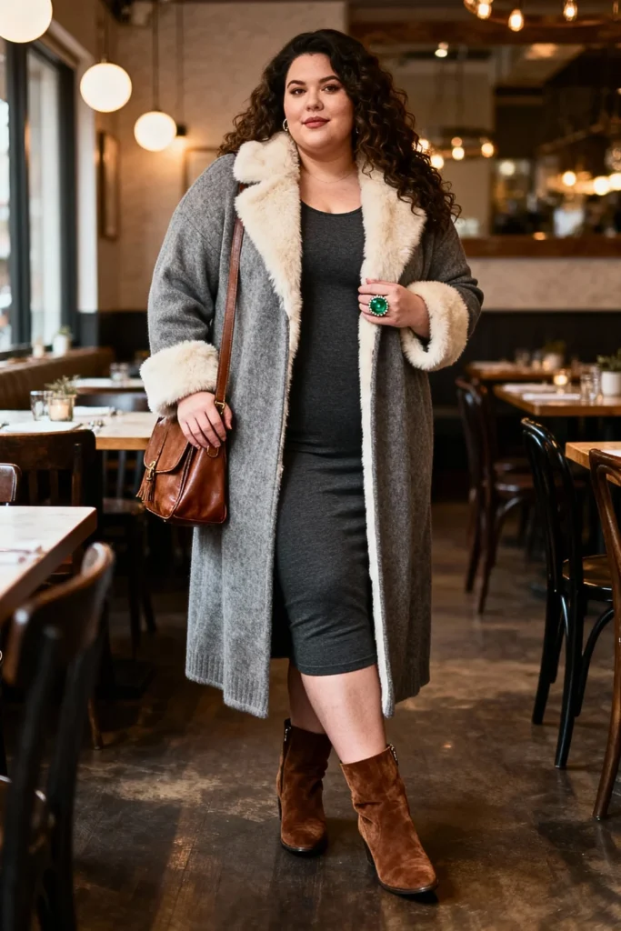Plus Size Faux Fur Trimmed Cardigan with Fitted Dress Outfit