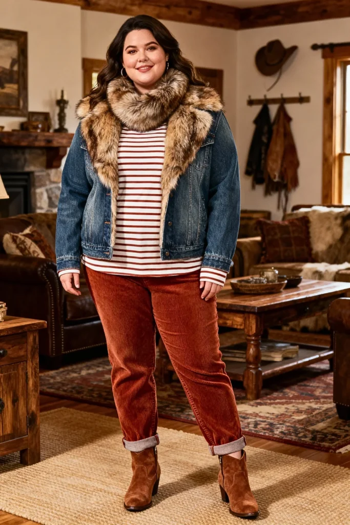 Plus Size Faux Fur Trimmed Denim Jacket Outfit