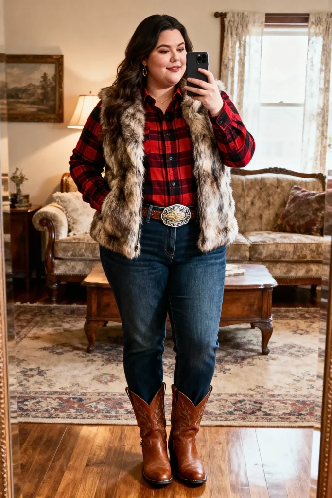 Plus Size Faux Fur Vest Over Plaid Shirt Outfit