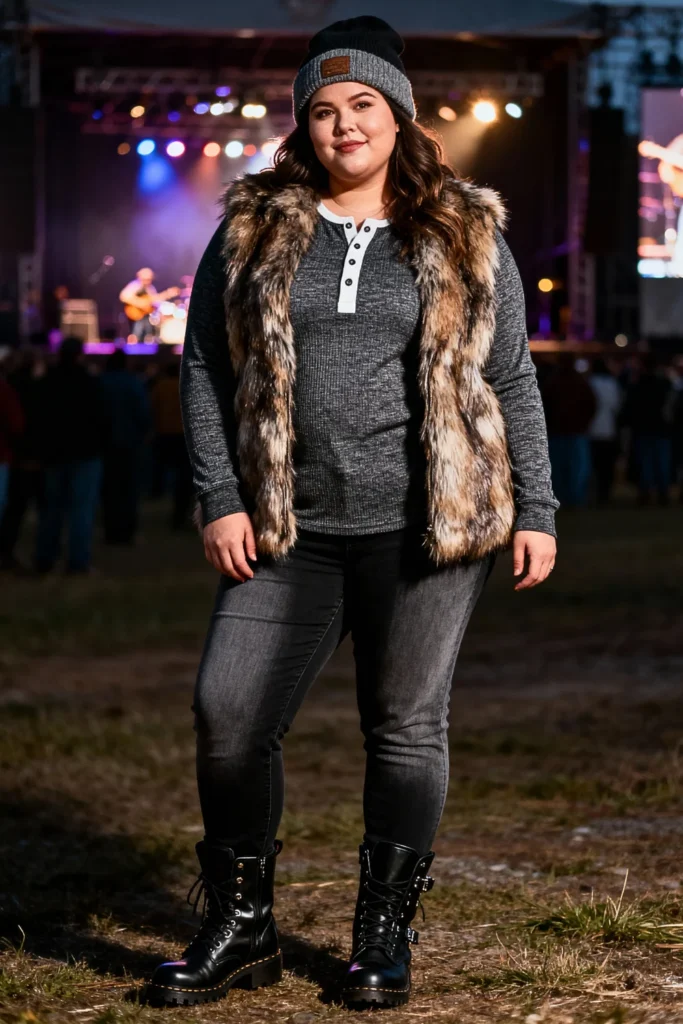 Plus Size Faux Fur Vest and Thermal Top Outfit