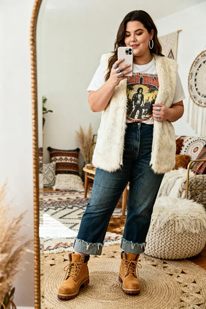 Plus Size Faux Fur Vest with Graphic Tee and Jeans Outfit
