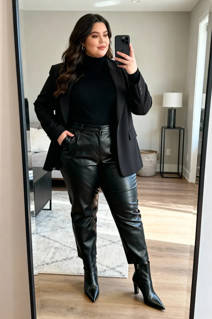 Plus Size Faux Leather Pants and Turtleneck Outfit