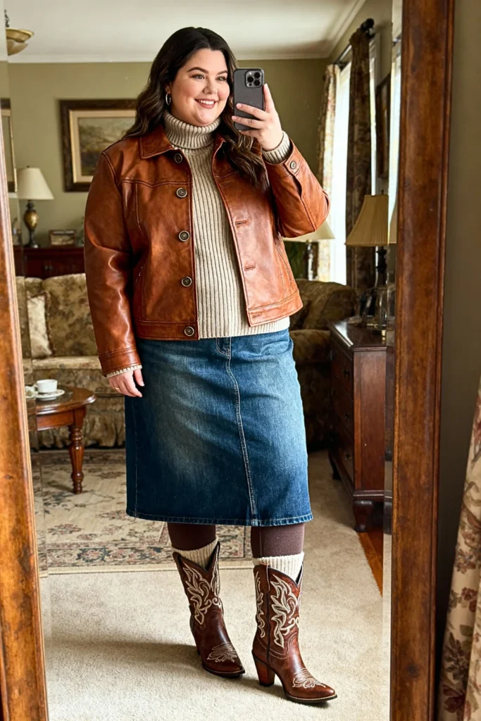 Plus Size Faux Leather Shacket With Midi Skirt Outfit