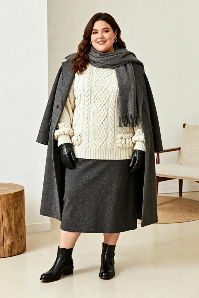 Plus Size Fisherman Sweater and Wool Midi Skirt Outfit