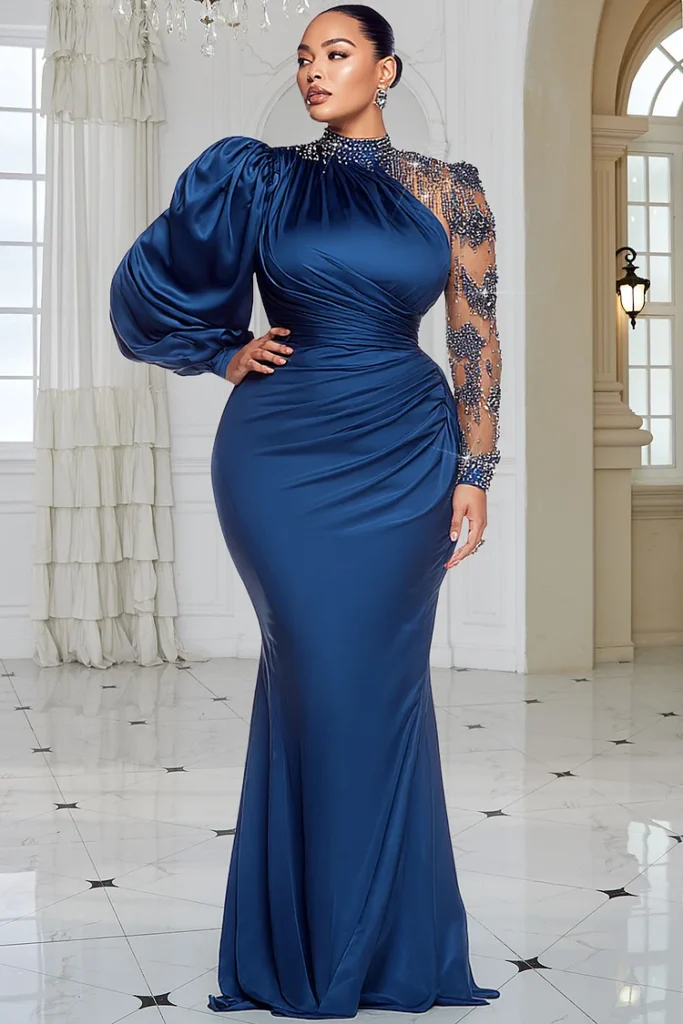 Plus Size Formal Blue Mock Neck Lantern Sleeve Long Sleeve Drilling Elegant See Through Tulle Satin Maxi Dress