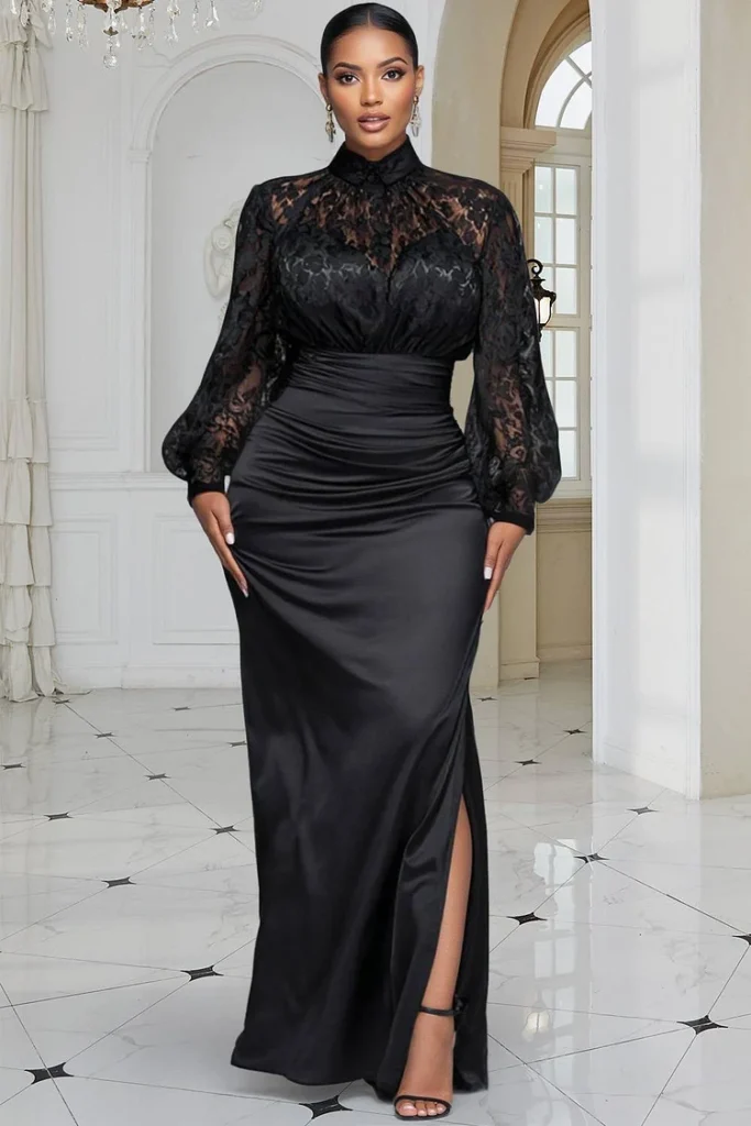 Plus Size Formal Satin Black Mock Neck Lantern Sleeve Long Sleeve Split Elegant Bodycon Lace Maxi Dress