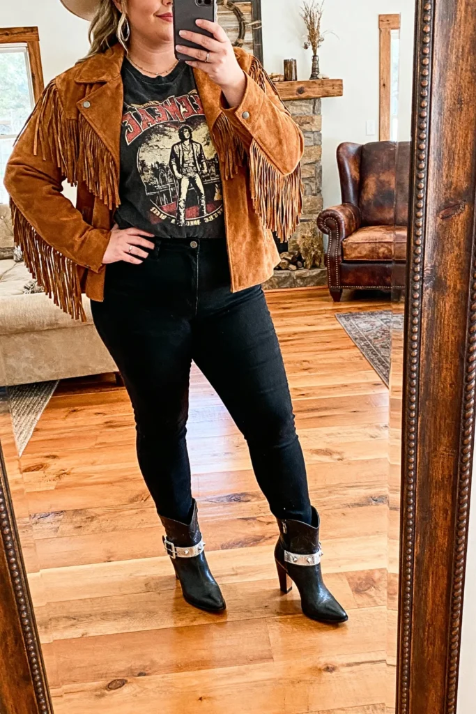 Plus Size Fringe Suede Jacket With Graphic Tee Outfit