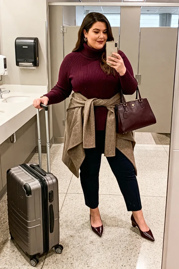 Plus Size Funnel Neck Top with Tapered Pants Outfit