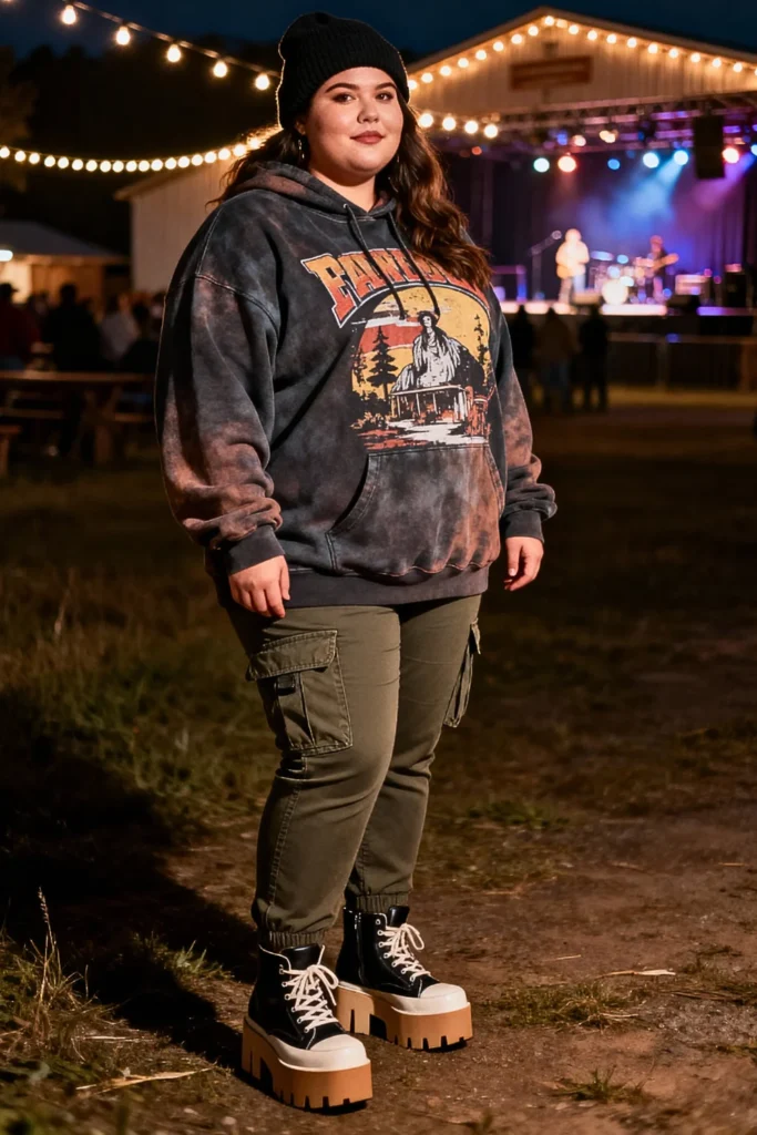 Plus Size Graphic Hoodie and Cargo Pants Alternative Outfit