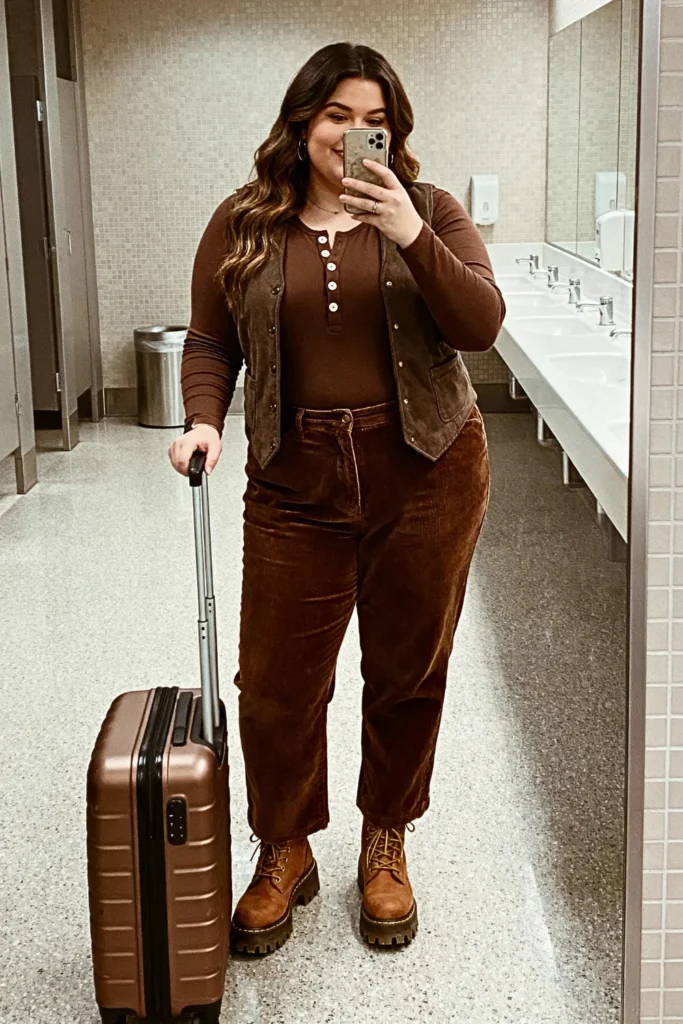 Plus Size Henley Bodysuit with Straight Leg Corduroys Outfit