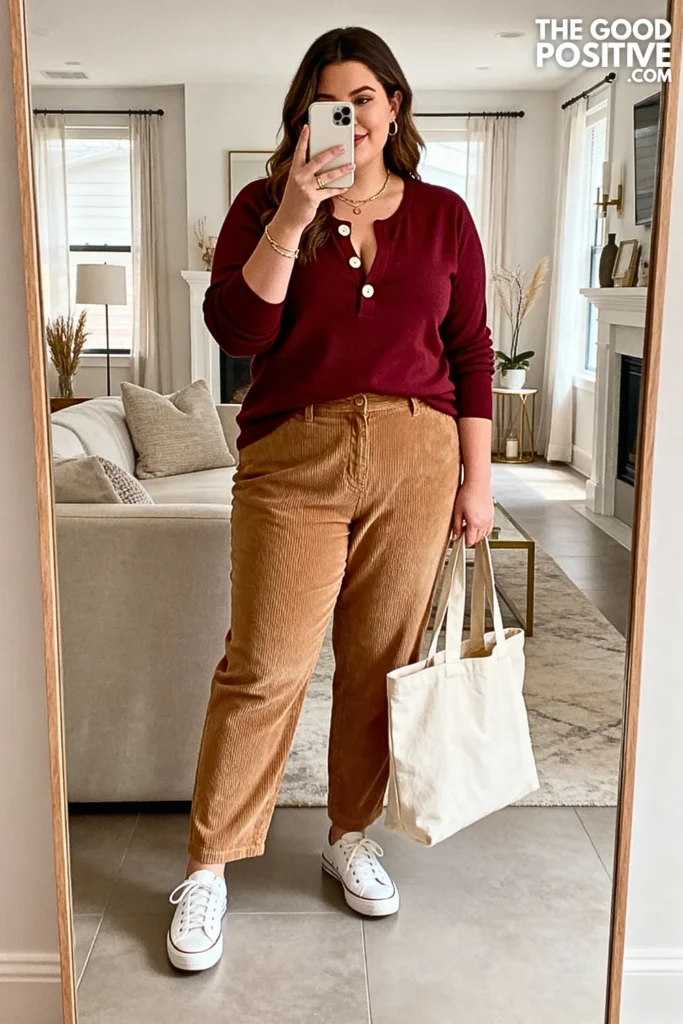 Plus Size Henley Top and Corduroy Pants Outfit