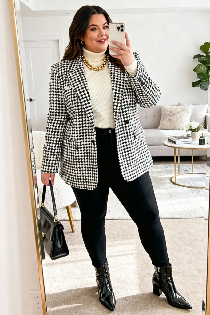 Plus Size Houndstooth Blazer and Black Jeans Outfit