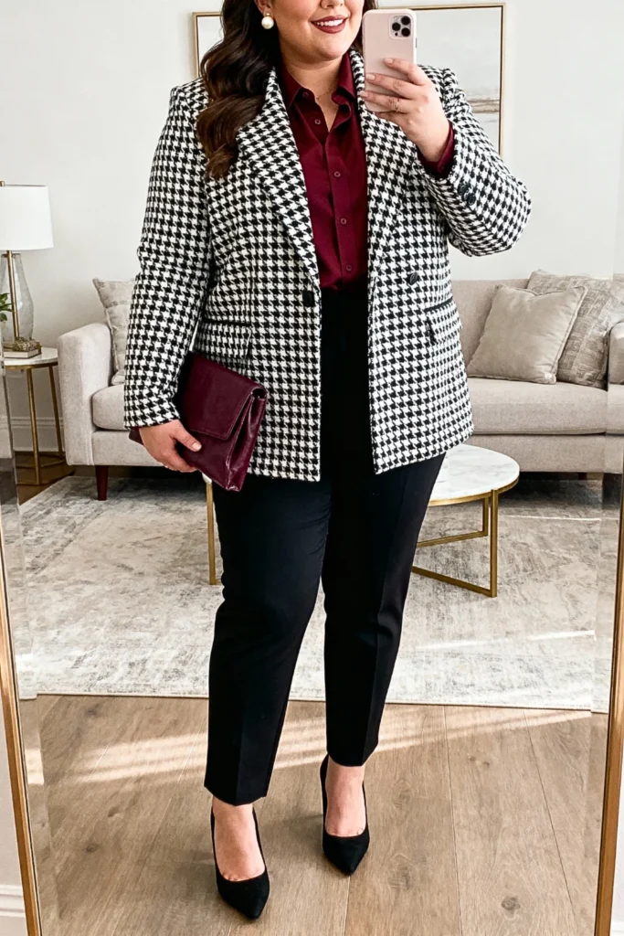 Plus Size Houndstooth Blazer with Cigarette Pants Outfit