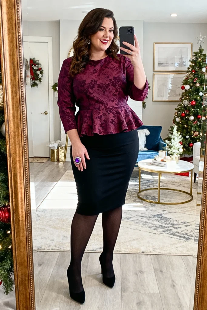 Plus Size Jacquard Peplum Top and Pencil Skirt Outfit