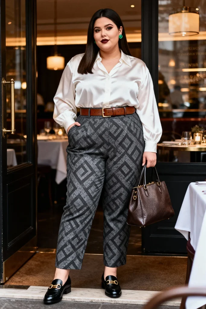 Plus Size Jacquard Trousers with Silk Blouse Outfit