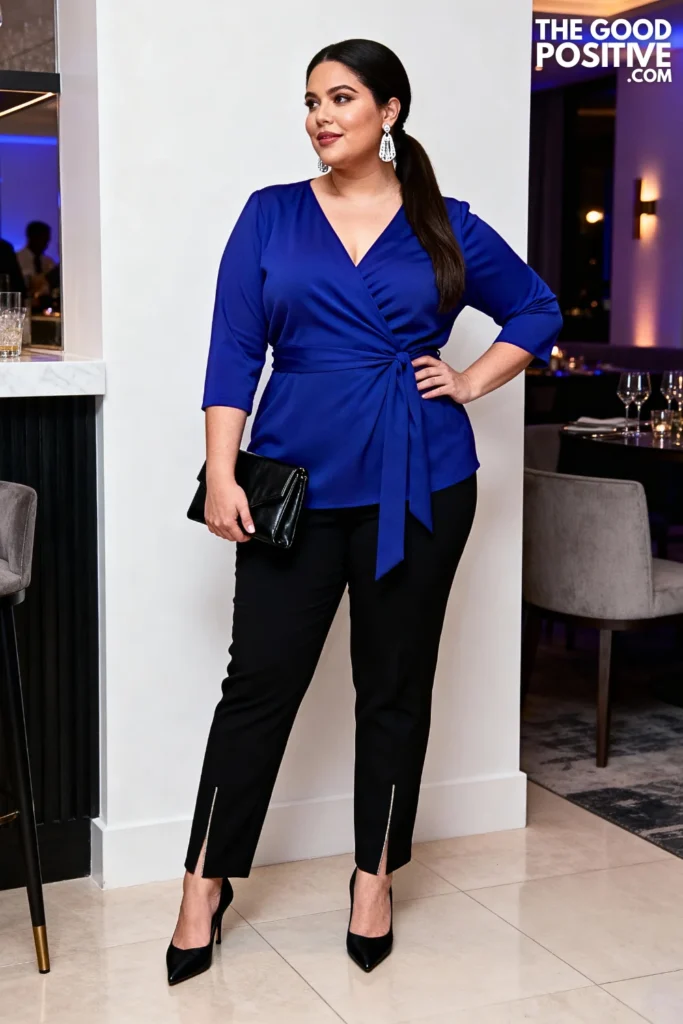 Plus Size Jewel-Tone Wrap Top with Pants Outfit